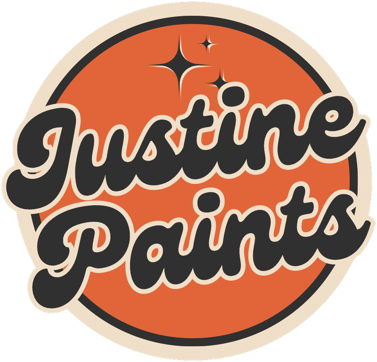 Justine Paints logo: retro script lettering on an orange circle with sparkles